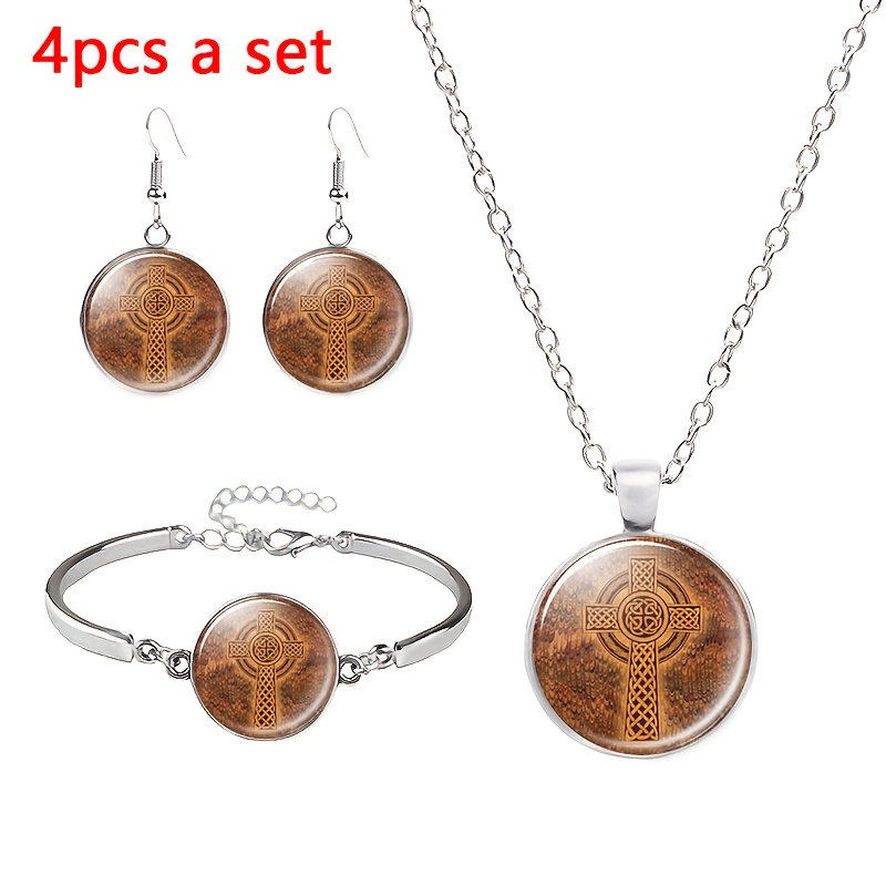 4pc Retro Celtic Cross Jewelry Set, Necklace, Bracelet & Earrings
